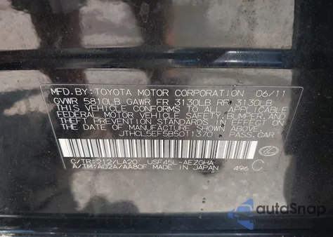 2011 Lexus Ls 460 from USA, damaged, VIN JTHCL5EF5B5011370